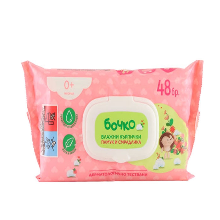 МОКРИ КЪРПИ ПАМУК И СМРАДЛИКА С КАПАК БОЧКО 48 броя / BOCHKO WET WIPES COTTON &amp; SMOKETREE