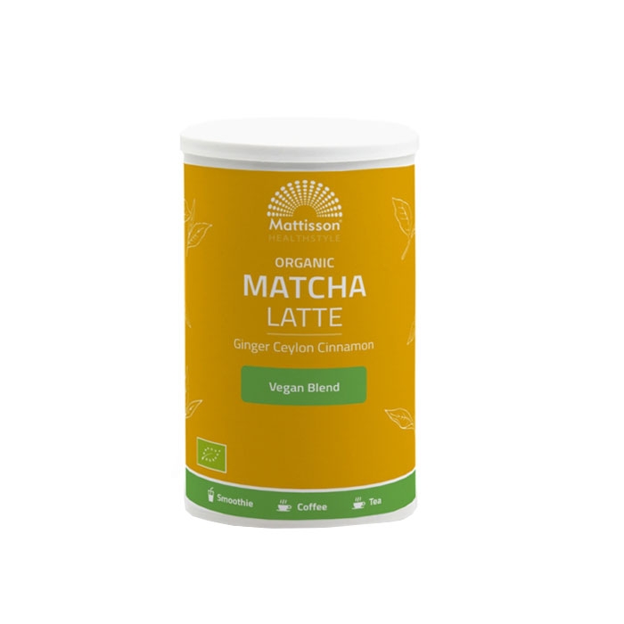 МАТИСЪН БИО ЛАТЕ С МАТЧА, ДЖИНДЖИФИЛ И ЦЕЙЛОНСКА КАНЕЛА 140 г / MATTISSON HEALTHSTYLE ORGANIC MATCHA LATTE WITH GINGER AND CEYLON CINNAMON