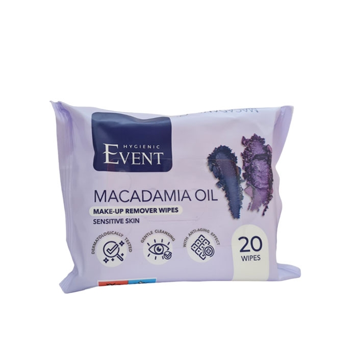 МОКРИ КЪРПИ ЕВЕНТ ЗА ПОЧИСТВАНЕ НА ГРИМ С МАСЛО ОТ МАКАДАМИЯ 20 броя / EVENT MAKEUP REMOVER WET WIPES WITH MACADAMIA OIL