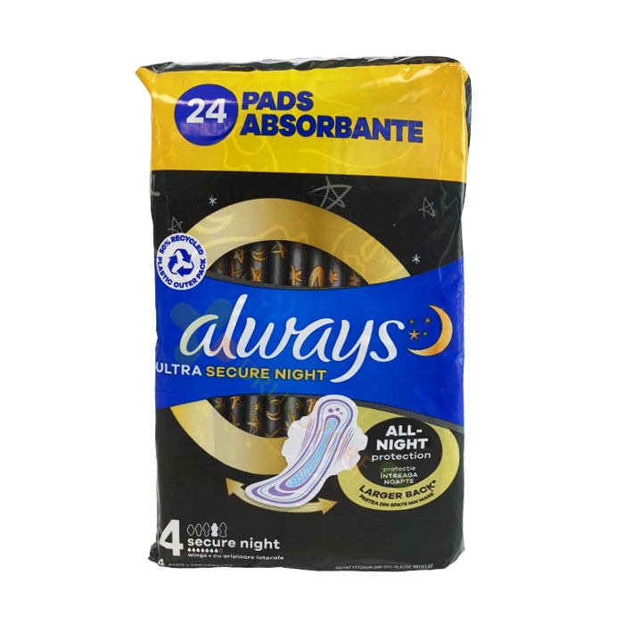 ДАМСКИ ПРЕВРЪЗКИ ОЛУЕЙС СЕКЮР НАЙТ КУАТРО 24 броя / PROCTER &amp; GAMBLE ALWAYS SECURE NIGHT QUATRO SANITARY NAPKIN