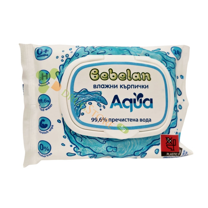 МОКРИ КЪРПИ БЕБЕЛАН АКВА С 99.6% пречистена вода 24 броя / BEBELAN AQUA 99,6% purified water WET WIPES