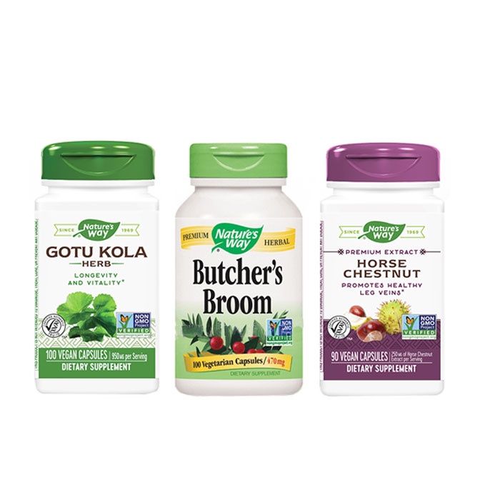 КОМПЛЕКТ ЕКСПРЕСНА АНТИЦЕЛУЛИТНА ПРОГРАМА капсули 290 броя / NATURES WAY GOTU KOLA capsules 100 + BUTCHERS BROOM capsules 100 + HORSE CHESTNUT capsules 90