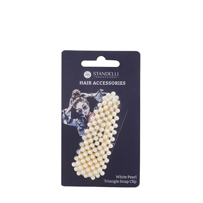 ТРИЪГЪЛНА ФИБА ЗА КОСА С БЕЛИ ПЕРЛИ / STANDELLI TRIANGLE SNAP CLIP WHITE PEARL
