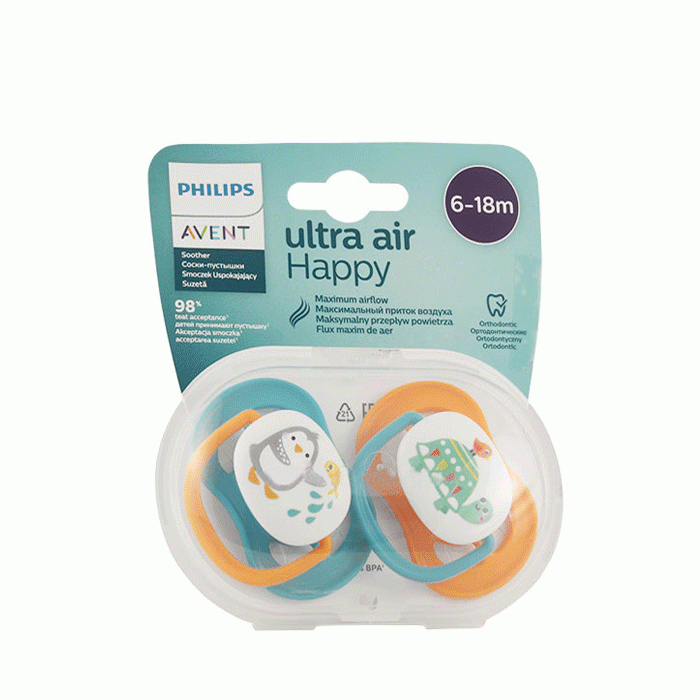 ЗАЛЪГАЛКА ULTRA AIR HAPPY 6-18 месеца 2 броя + КУТИЯ / PHILIPS AVENT SOOTHER ULTRA AIR HAPPY 6-18 m.