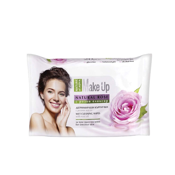 МОКРИ КЪРПИ ЗА ГРИМ С РОЗОВО МАСЛО АГИВА 20 броя / AGIVA MAKE UP BULGARIAN ROSE WET WIPES