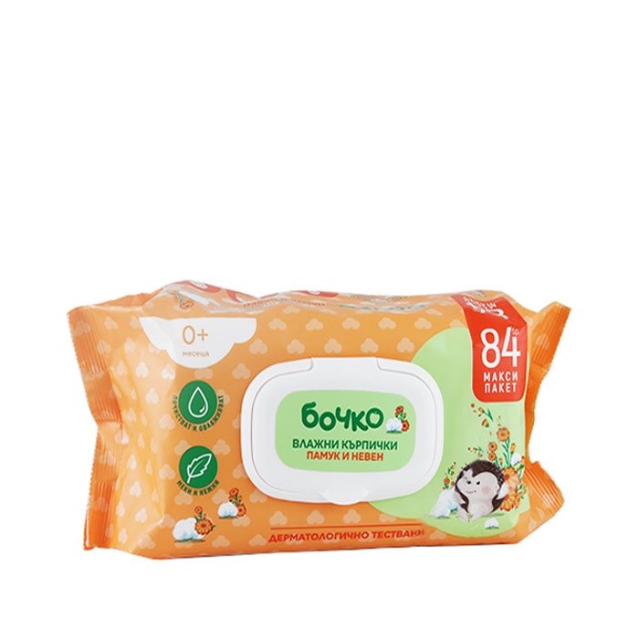 МОКРИ КЪРПИ ПАМУК И НЕВЕН С КАПАК 84 броя / BOCHKO BABY WET WIPES COTTON &amp; CALENDULA