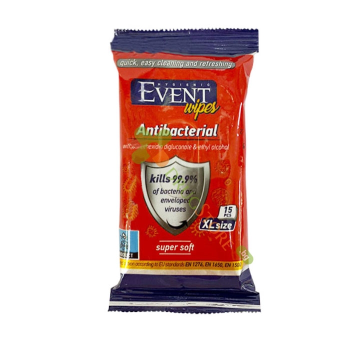 АНТИБАКТЕРИАЛНИ МОКРИ КЪРПИ ЕВЕНТ С ХЛОРХЕКСИДИН И АЛКОХОЛ 15 броя / EVENT ANTIBACTERIAL WIPES WITH CHLORHEXIDIN DIGLUCONATE &amp; ETHYL ALCOHOL