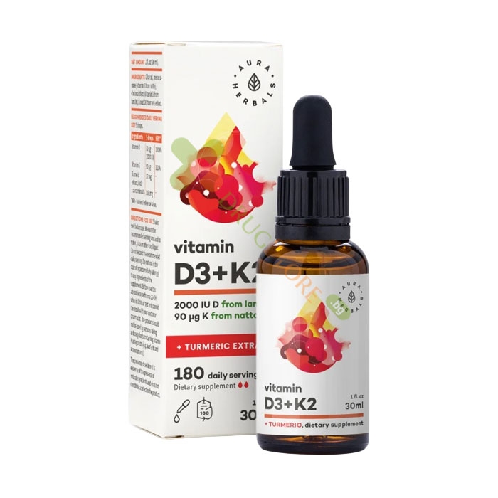 АУРА ХЕРБАЛС ВИТАМИН D3 + К2 + КУРКУМА капки 30 мл / AURA HERBALS VITAMIN D3 + K2 + TURMERIC