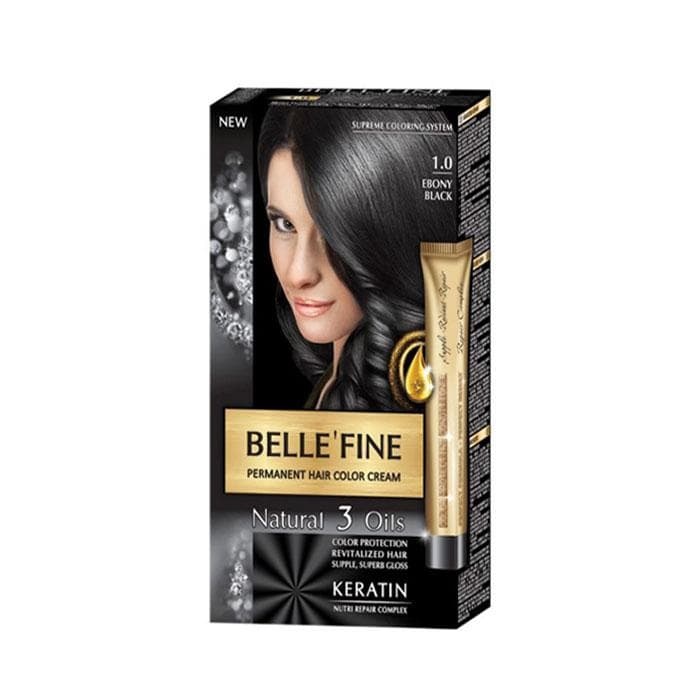 БЕЛ ФАЙН БОЯ ЗА КОСА 1.0 АБАНОСОВО ЧЕРЕН / BELLE`FINE PERMANENT HAIR COLOR CREAM 1.0 EBONY BLACK
