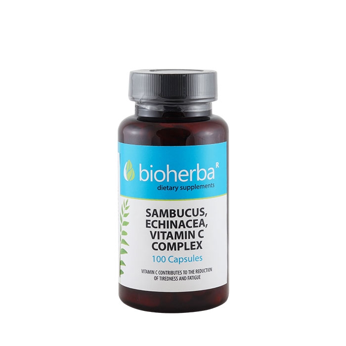 БИОХЕРБА БЪЗ, ЕХИНАЦЕЯ, ВИТАМИН C КОМПЛЕКС капсули 100 броя / BIOHERBA SAMBUCUS, ECHINACEA, VITAMIN C COMPLEX
