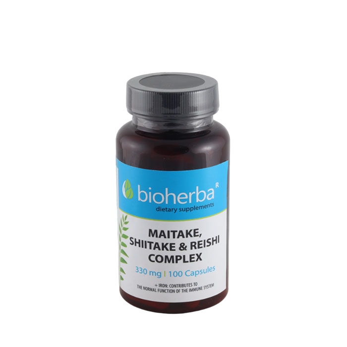 БИОХЕРБА МАЙТАКЕ, ШИЙТАКЕ И РЕЙШИ КОМПЛЕКС + ЖЕЛЯЗО 100 броя / BIOHERBA MAITAKE, SHIITAKE AND REISHI COMPLEX + IRON