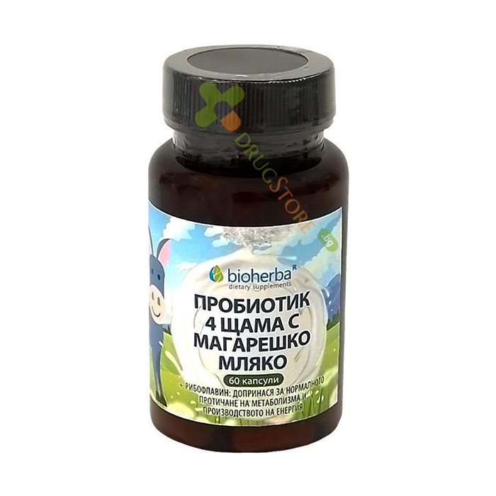 БИОХЕРБА ПРОБИОТИК 4 ЩАМА С МАГАРЕШКО МЛЯКО + РИБОФЛАВИН капсули 60 броя / BIOHERBA PROBIOTIC 4 STRAINS WITH DONKEY MILK + RIBOFLAVIN