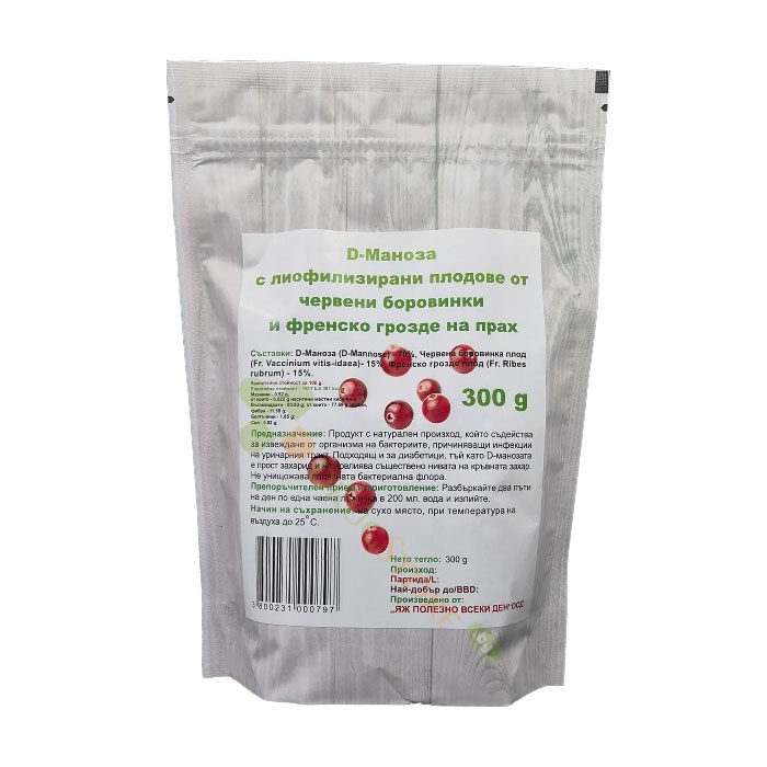 D-МАНОЗА С ЧЕРВЕНИ БОРОВИНКИ И ЧЕРВЕН КАСИС 300 г / EAT HEALTHY D-MANNOSE WITH BLUEBERRIES AND RED CURRANT