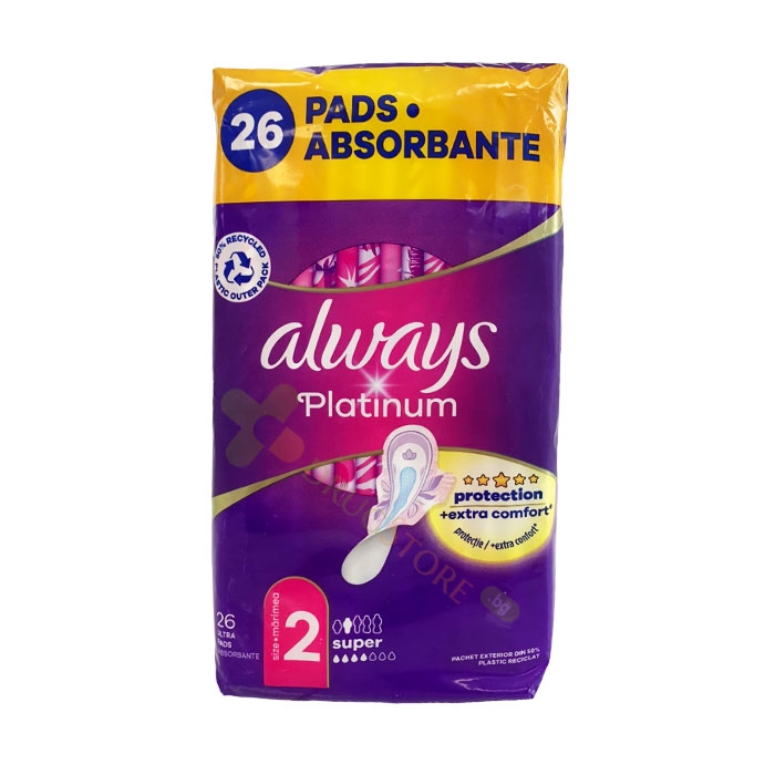 ДАМСКИ ПРЕВРЪЗКИ ОЛУЕЙС ПЛАТИНУМ СУПЕР КУАТРО 26 броя / PROCTER &amp; GAMBLE ALWAYS PLATINUM SUPER QUATRO SANITARY NAPKINS