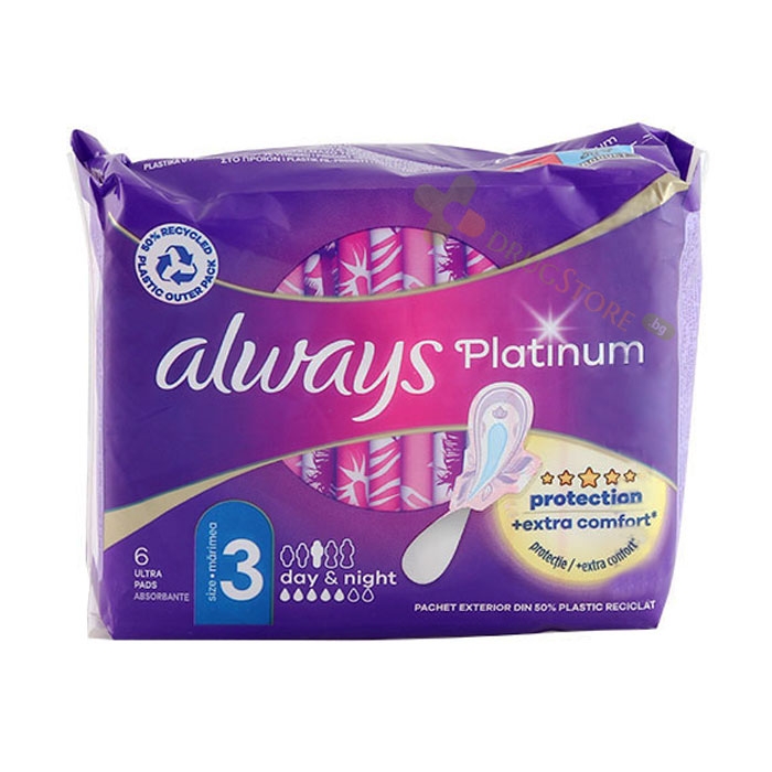 ДАМСКИ ПРЕВРЪЗКИ ОЛУЕЙС ПЛАТИНУМ УЛТРА 6 броя / PROCTER &amp; GAMBLE ALWAYS PLATINUM ULTRA SANTARY NAPKIN FOR NIGHT USE