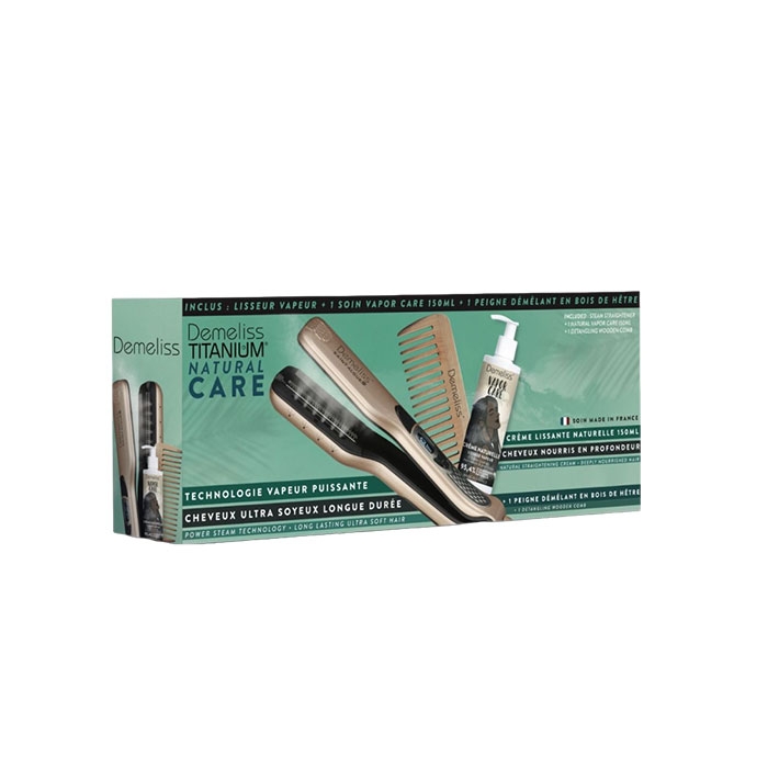 ДЕМЕЛИС TITANIUM NATURAL CARE КОМПЛЕКТ ПРЕСА + КРЕМ ЗА КОСА VAPOR CARE 150 мл + БАМБУКОВ ГРЕБЕН DEMELISS / DEMELISS TITANIUM NATURAL CARE