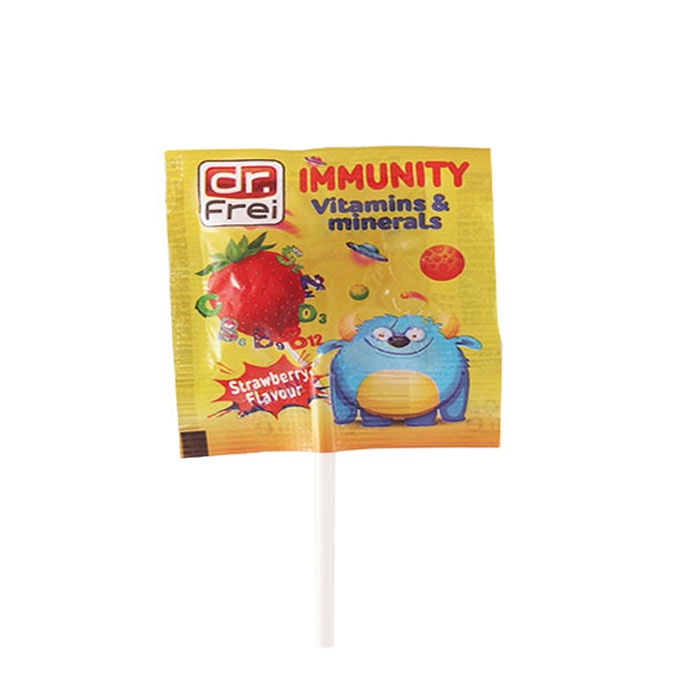 ИМЮНИТИ БЛИЗАЛКА С ВИТАМИНИ И МИНЕРАЛИ С ВКУС НА ЯГОДА / DR. FREI IMMUNITY VITAMINS &amp; MINERALS STRAWBERRY LOLLYPOP