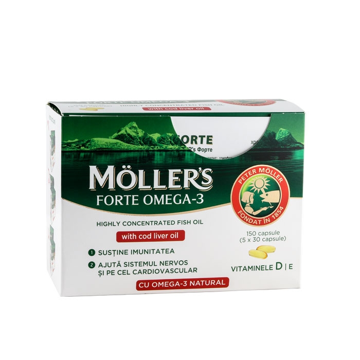 МЬОЛЕРС МАСЛО ОТ ЧЕРЕН ДРОБ НА ТРЕСКА ФОРТЕ капсули 150 броя / MOELLERS COD LIVER OIL FORTE