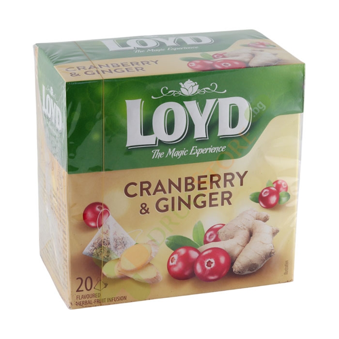 ЧАЙ ОТ ЧЕРВЕНА БОРОВИНКА И ДЖИНДЖИФИЛ филтър 20 броя / LOYD TEA CRANBERRY &amp; GINGER
