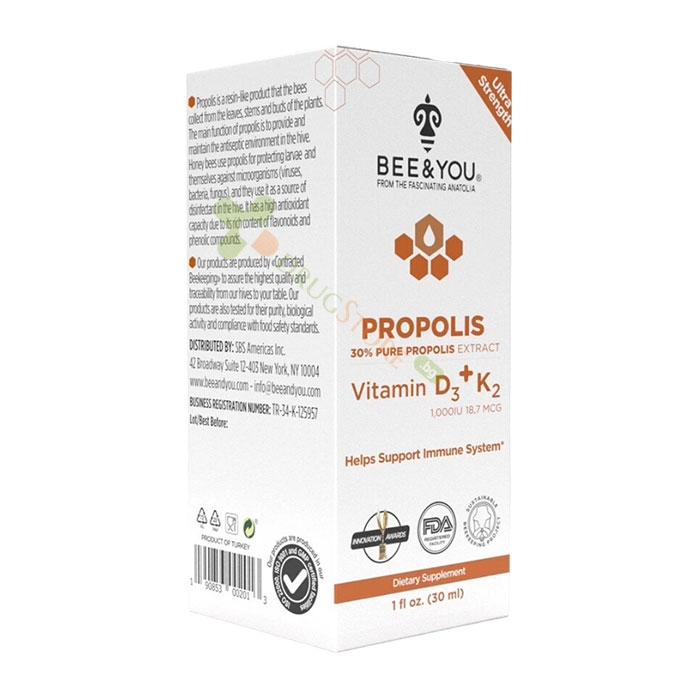 ЕКСТРАКТ ОТ ПРОПОЛИС 30% С ВИТАМИН D3+K2 30 мл / BEE &amp; YOU PROPOLIS EXTRACT 30% WITH VITAMIN D3+K2