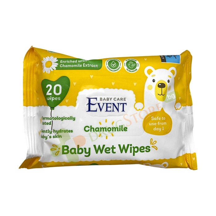 МОКРИ КЪРПИ ЕВЕНТ БЕБЕ С ЛАЙКА 20 броя / EVENT BABY WET WIPES EVENT CHAMOMILE