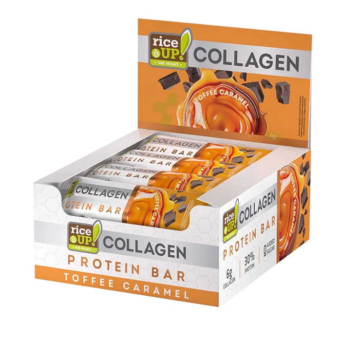 КОЛАГЕНОВ ПРОТЕИНОВ БАР ТОФИ КАРАМЕЛ 50 г 12 броя / RICE UP! COLLAGEN PROTEIN BAR TOFFEE CARAMEL 50 g
