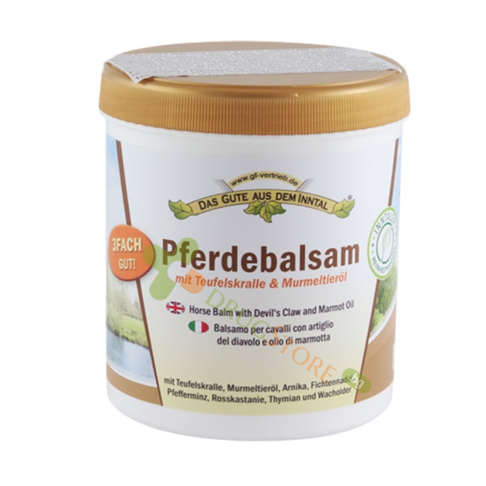 КОНСКИ БАЛСАМ С ДЯВОЛСКИ НОКЪТ И МАС ОТ МАРМОТ 500 мл / DAS GUTE AUS DEM INNTAL HORSE BALM WITH DEVIL&#039;S CLAW AND MARMOT OIL