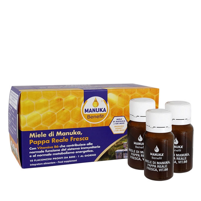 МАНУКА БЕНЕФИТ ПЧЕЛНО МЛЕЧИЦЕ С МЕД ОТ МАНУКА И ВИТАМИН B6 10 мл 10 броя / MANUKA BENEFIT ROYAL JELLY WITH MANUKA HONEY AND VITAMIN B6