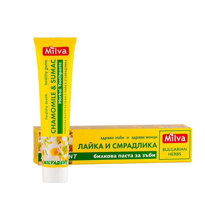 БИЛКОВА ПАСТА ЗА ЗЪБИ С ЛАЙКА И СМРАДЛИКА 75 мл / MILVA HERBAL TOOTHPASTE WITH CHAMOMILE AND SUMAC