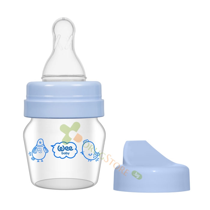 МИНИ Стъклено шише с два накрайника 0-6 месеца 30 мл / WEE BABY MINI GLASS BOTTLE 0-6 months