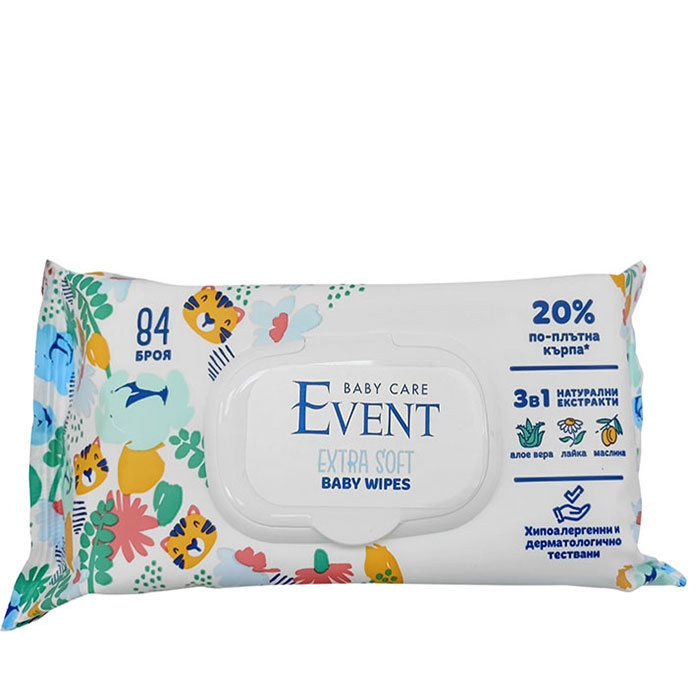 МОКРИ КЪРПИ ЕВЕНТ БЕБЕ ЕКСТРА СОФТ 3 В 1 84 броя / EVENT BABY WET WIPES EXTRA SOFT 3 IN 1