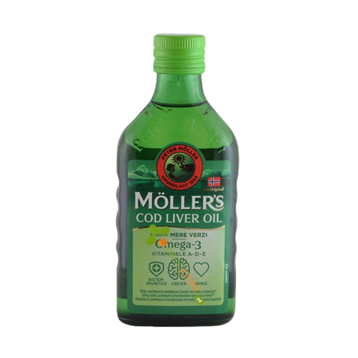МЬОЛЕРС МАСЛО ОТ ЧЕРЕН ДРОБ НА ТРЕСКА сироп с вкус на ябълка 250 мл / MOELLER&#039;S COD LIVER OIL
