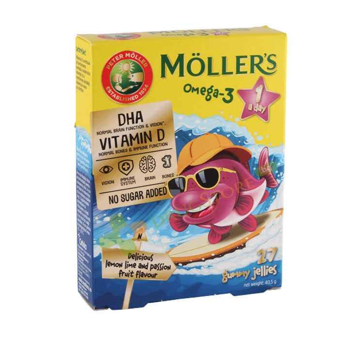 МЬОЛЕРС ОМЕГА 3 ЛАЙМ И МАРАКУЯ желирани таблетки 27 броя / MOELLER&#039;S OMEGA 3 LEMON LIME AND PASSION FRUIT gummy jellies