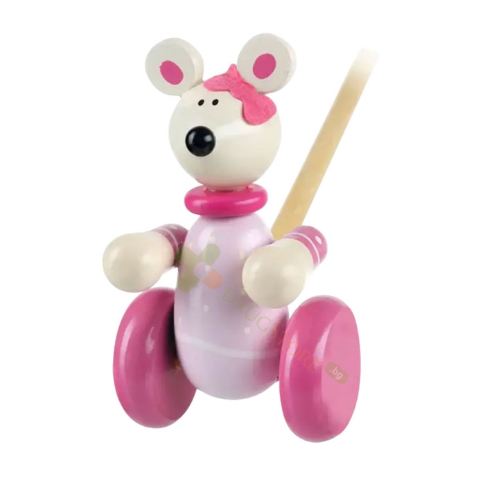 ДЪВЕНА БУТАЛКА С РОЗОВО МИШЛЕ В КУТИЯ / ORANGE TREE TOYS PINK MOUSE BOXED PUSH ALONG