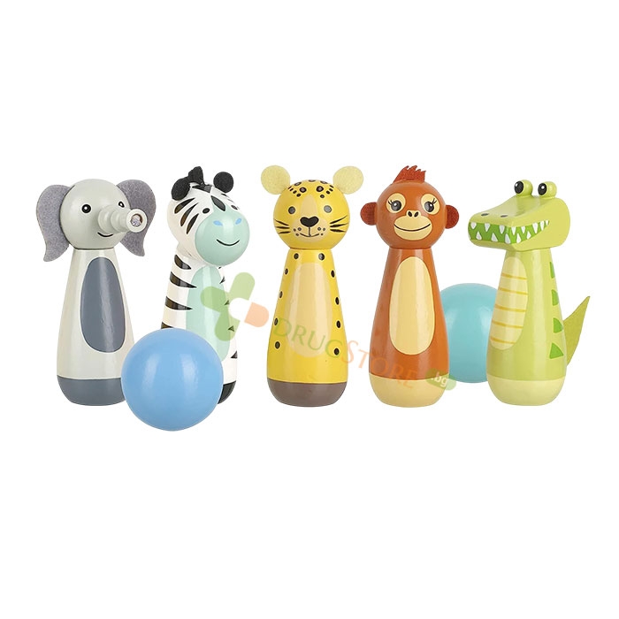 ДЪРВЕН БОУЛИНГ ЖИВОТНИТЕ ОТ ДЖУНГЛАТА / ORANGE TREE TOYS JUNGLE ANIMAL SKITTLES