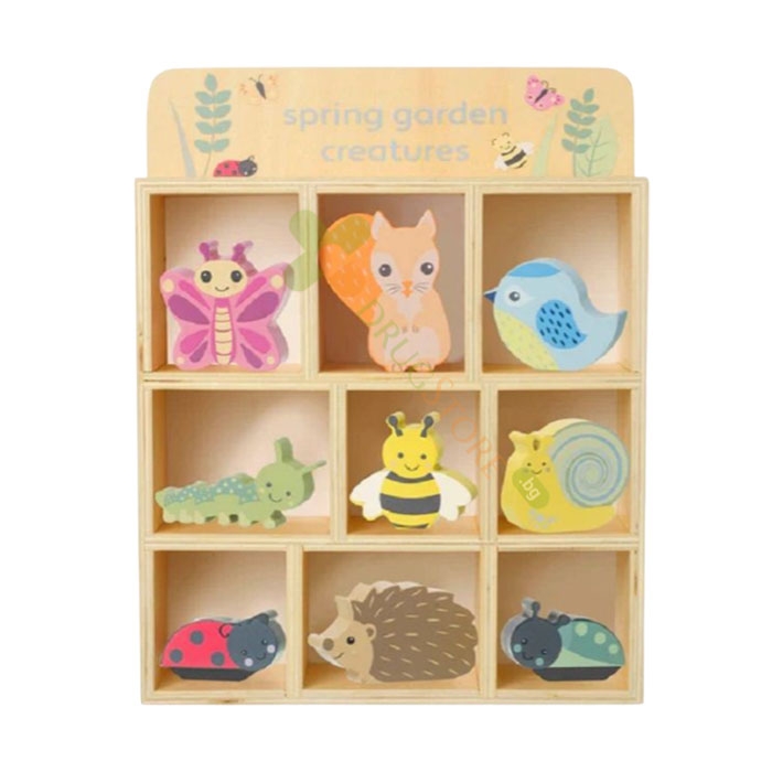 КОМПЛЕКТ ДЪРВЕНИ ГРАДИНСКИ ЖИВОТНИ / ORANGE TREE TOYS SPRING GARDEN CREATURES &amp; SHELF