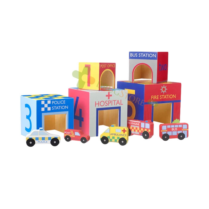 КУБЧЕТА ЗА ПОДРЕЖДАНЕ С КОЛИЧКИ / ORANGE TREE TOYS EMERGENCY SERVICES WOODEN STACKING CUBES