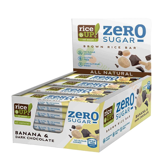 ОРИЗОВ БАР БЕЗ ДОБАВЕНА ЗАХАР ТЪМЕН ШОКОЛАД И БАНАН 18 г 20 броя / RICE UP! RICE BAR ZERO SUGAR ADDED DARK CHOCOLATE AND BANANA 18 g