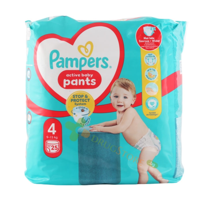 ПАМПЕРС АКТИВ БЕЙБИ STOP&amp;PROTECT ГАЩИ размер 4 (9 - 15 кг) 25 броя / PROCTER &amp; GAMBLE PAMPERS ACTIVE BABY PANTS 4 (9 - 15 kg)