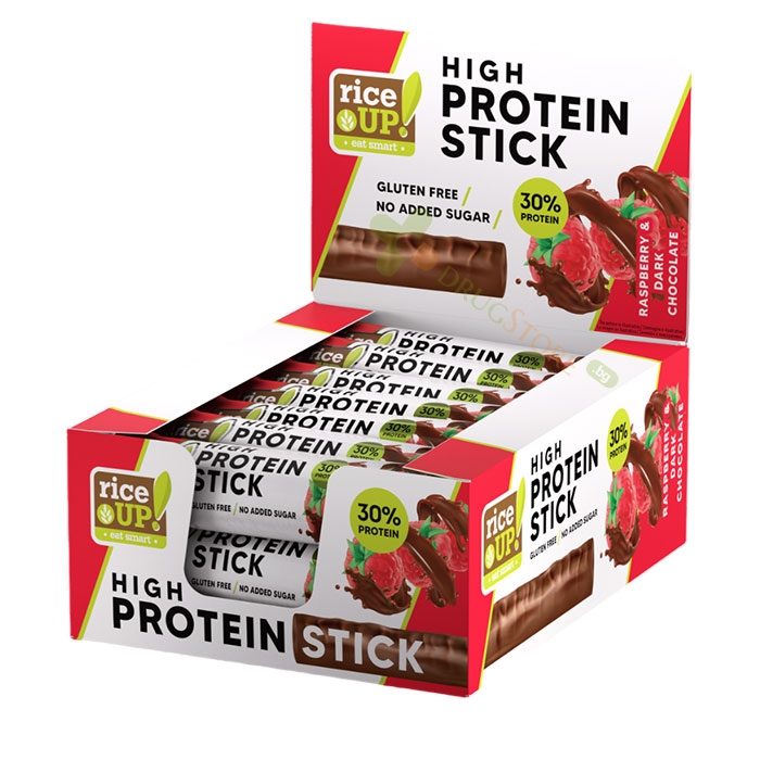 ПРОТЕИНОВ СТИК МАЛИНА И ТЪМЕН ШОКОЛАД 40 г 15 броя / RICE UP! PROTEIN STICK RASPBERRY &amp; DARK CHOCO 40 g