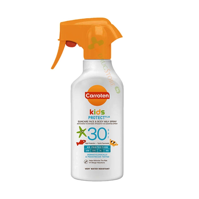 СЛЪНЦЕЗАЩИТНО СПРЕЙ МЛЯКО ЗА ДЕЦА ЗА ЛИЦЕ И ТЯЛО SPF30 270 мл / CARROTEN KIDS PROTECT PLUS SUNCARE FACE &amp; BODY MILK SRAY SPF30