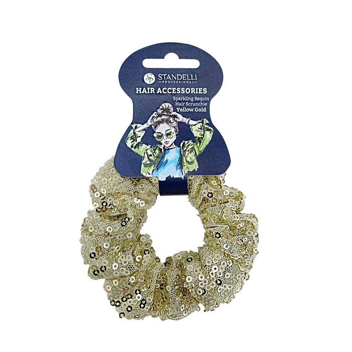 СТАНДЕЛИ БЛЕСТЯЩ СКРЪНЧИ-ЛАСТИК ЗА КОСА С ПАЙЕТИ ЖЪЛТО ЗЛАТО / STANDELLI SPARKLING SEQUIN HAIR SCRUNCHIE YELLOW GOLD