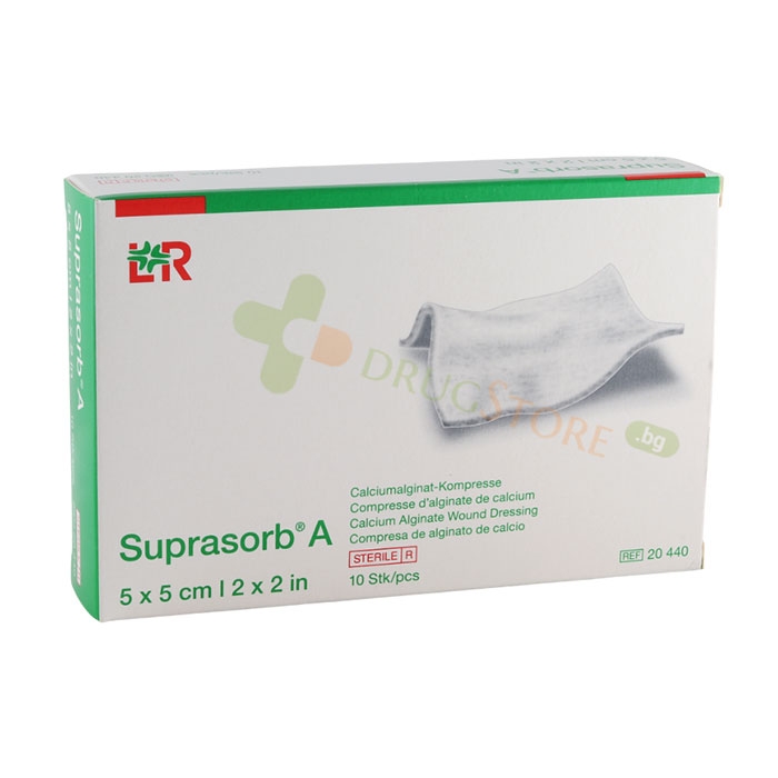 СУПРАСОРБ А ПРЕВРЪЗКА ОТ КАЛЦИЕВ АЛГИНАТ 5 х 5 см 10 броя / LOHMANN &amp; RAUSCHER SUPRASORB A CALCIUM-ALGINATE WOUND DRESSING 5 x 5 cm