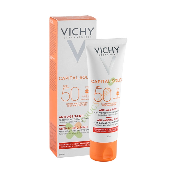 ВИШИ CAPITAL SOLEIL СЛЪНЦЕЗАЩИТЕН КРЕМ ПРОТИВ БРЪЧКИ СЪС SPF 50 50 мл / VICHY ANTI-AGE 3 in 1 ANTIOXIDANT CARE SPF 50