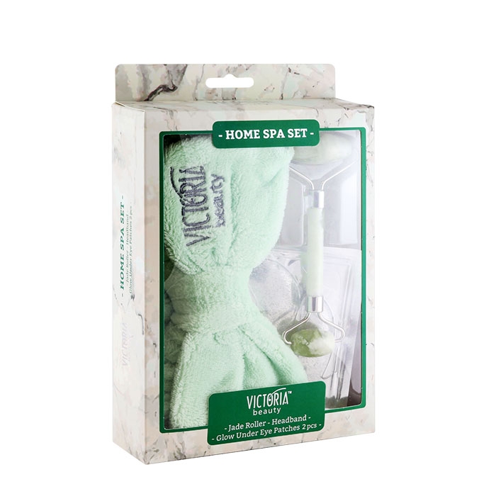КОМПЛЕКТ ЛЕНТА ГЛАВА + НЕФРИТЕН РОЛЕР + ПАЧОВЕ ЗА ПОД ОЧИ / VICTORIA BEAUTY SET HEADBAND + JADE ROLLER + UNDER EYE PATCHES