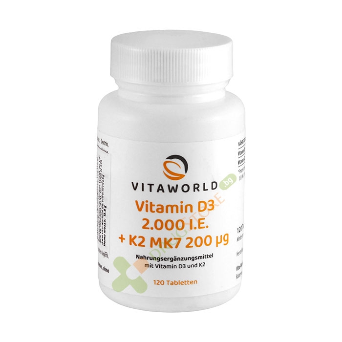 ВИТАМИН D3 50 мкг + К2 MK7 200 мкг таблетки 120 броя / VITA WORLD VITAMIN D3 50 mcg + K2 MK7 200 mcg